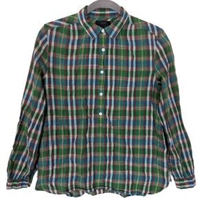 J.CREW Popover Shirt Womens 4 Green Plaid Cotton Long Sleeve Casual Button Front